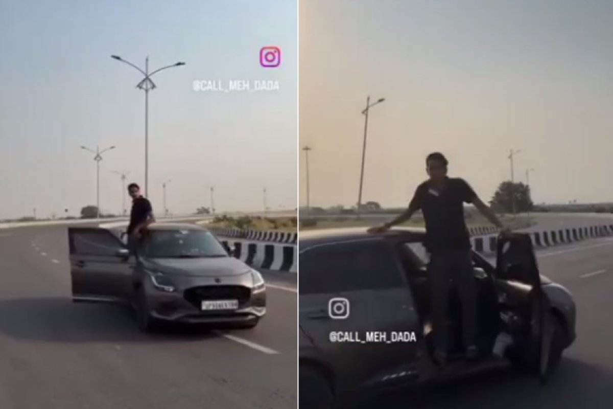 Viral News: कार का ड्राइविंग साइड गेट खोलकर एक्सप्रेस वे पर किया खतरनाक स्टंट, पुलिस ने 10,500 का चालान किया।