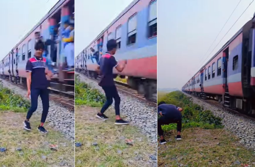 Viral News: वायरल रील में खतरनाक स्टंट- रेलवे ट्रैक पर रील बनाते समय यात्री ने शख्स को मारी लात। 