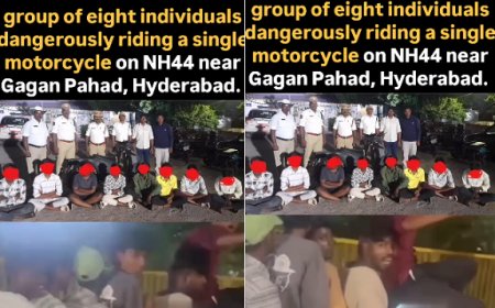 Viral: एक बाइक पर आठ सवार, हैदराबाद की सड़कों पर खतरनाक स्टंट, पुलिस की सख्त कार्रवाई। 