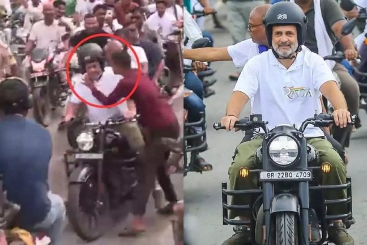 बिहार वोटर अधिकार यात्रा- बाइक रैली में सुरक्षा घेरा तोड़ राहुल गांधी की बाइक तक पहुंच शख्स ने किस करने की कोशिश की, सुरक्षाकर्मियों ने हिरासत में लिया।