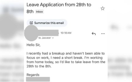 गुरुग्राम स्टार्टअप में ब्रेकअप के बाद ईमानदार छुट्टी आवेदन वायरल, सीईओ की संवेदनशील प्रतिक्रिया ने जीता दिल। 