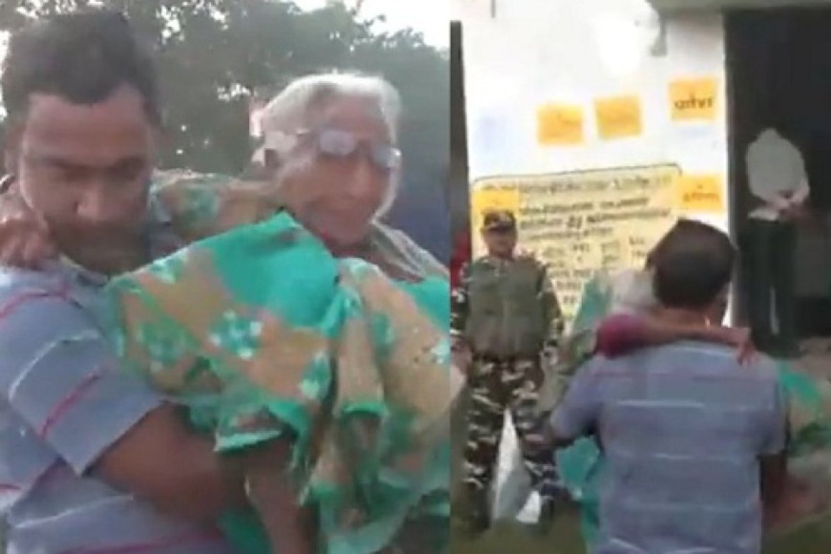 वैशाली में लोकतंत्र की मिसाल बनीं बुजुर्ग महिला, परिवार ने गोद में उठाकर पोलिंग बूथ तक पहुंचाया, वोट डालकर लौटीं खुश। 
