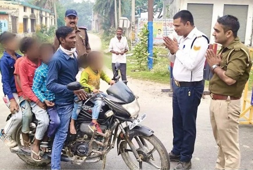 बाइक पर 7 सवारों को देख पुलिस ने जोड़े हाथ, ट्रैफिक पुलिस ने काटा 7000 रुपये का चालान, वायरल वीडियो से मचा हंगामा। 