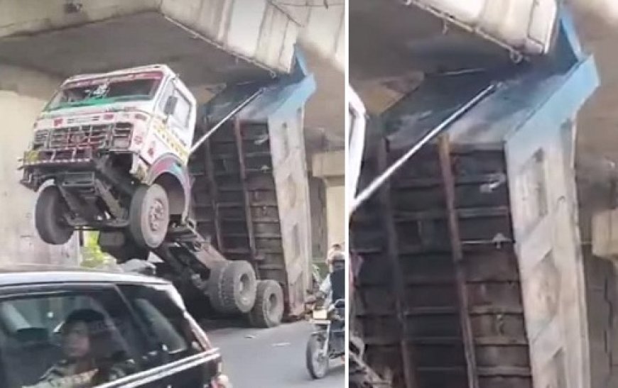 जयपुर सोडाला में डंपर का ड्रामा: ओवरब्रिज के नीचे फंस गया नगर निगम का वाहन, ड्राइवर ने छलांग लगाकर बचाई जान, वीडियो वायरल। 