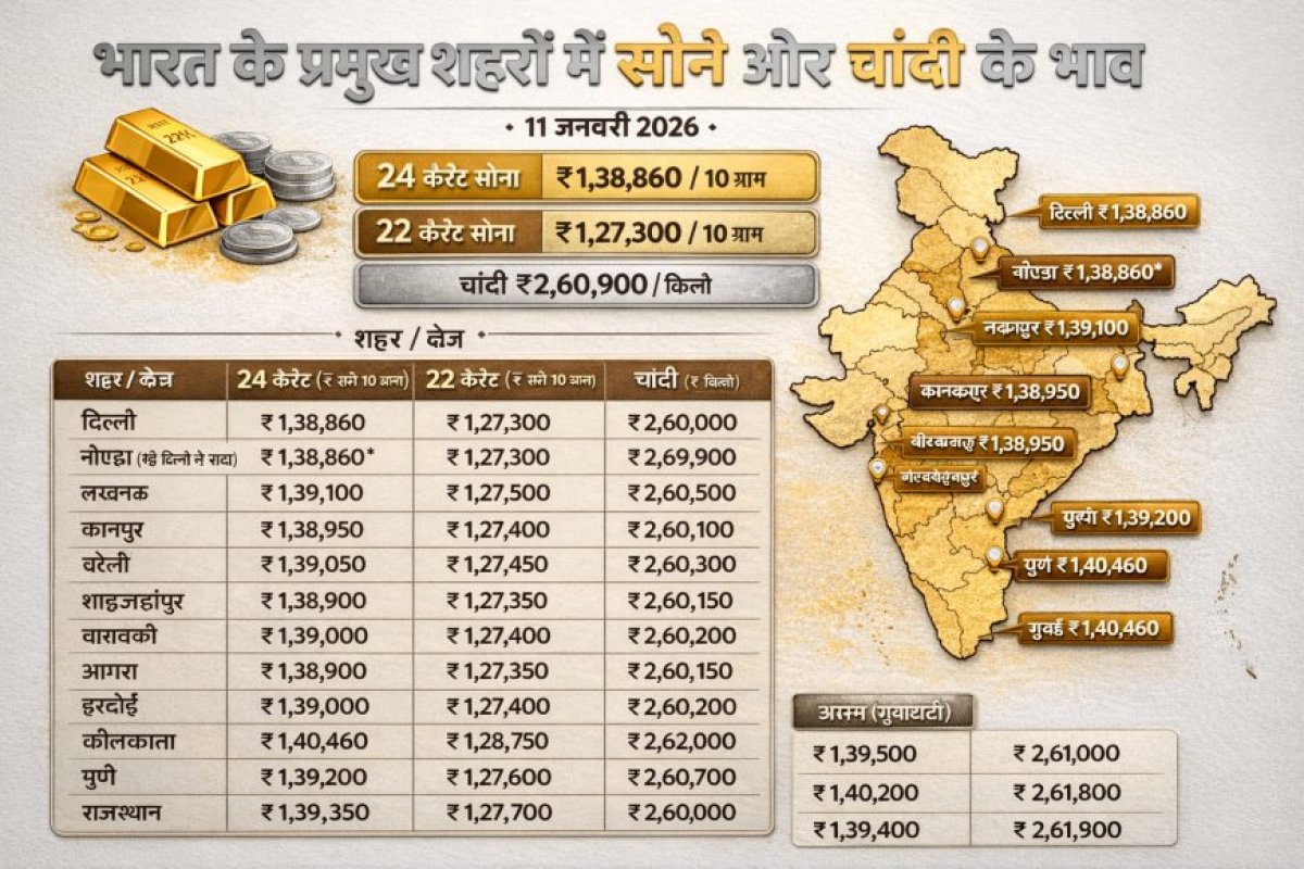 11 जनवरी 2026-  भारत के प्रमुख शहरों में सोने और चांदी के वर्तमान भाव