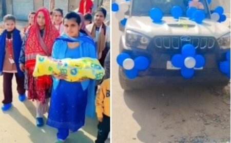 हमीरपुर मौदहा में 40 साल बाद बेटी के जन्म पर डीजे और 12 स्कॉर्पियो काफिले से भव्य जश्न, परिवार ने खुशी सड़कों पर उतारी।