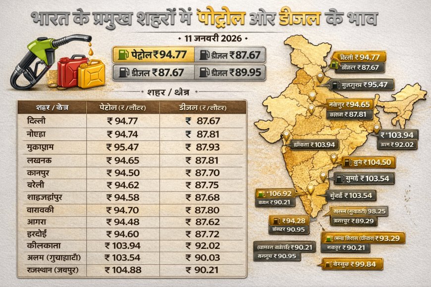 11 जनवरी 2026- भारत के प्रमुख शहरों में पेट्रोल और डीजल के वर्तमान भाव