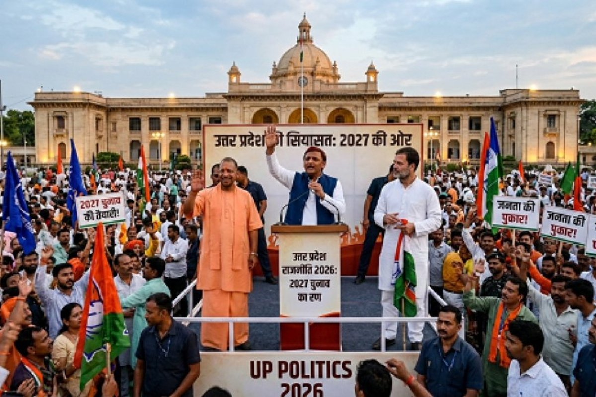 यूपी विधानसभा चुनाव 2027: विकास बनाम सामाजिक समीकरण, सियासी जमीन पर तेज़ हलचल।