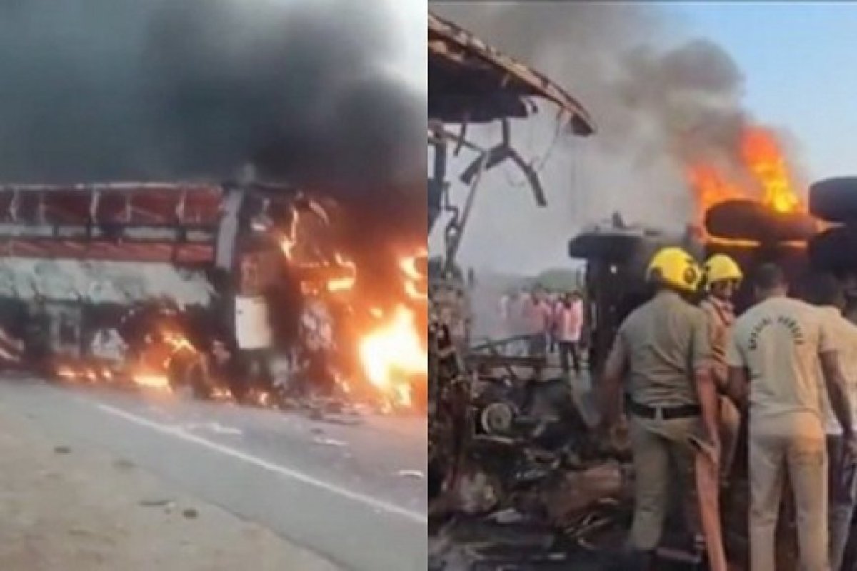आंध्र प्रदेश में भीषण सड़क हादसा: बस और ट्रक की भिड़ंत के बाद लगी आग, कई यात्रियों के जिंदा जलने की आशंका।