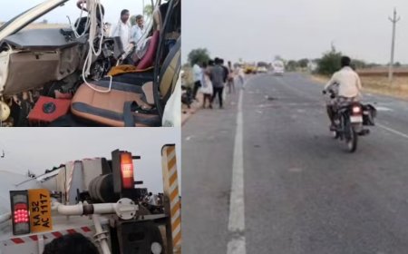 आंध्र प्रदेश के कुरनूल में भीषण सड़क हादसा: तीर्थयात्रियों के वाहन और लॉरी में जोरदार भिड़ंत, 8 लोगों की दर्दनाक मौत।