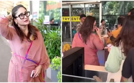 गुलाबी आभा में लिपटीं 'बेबो': करीना कपूर खान ने पिंक एम्ब्रॉयडर्ड सूट में एयरपोर्ट पर बिखेरा सादगी और शालीनता का जादू।