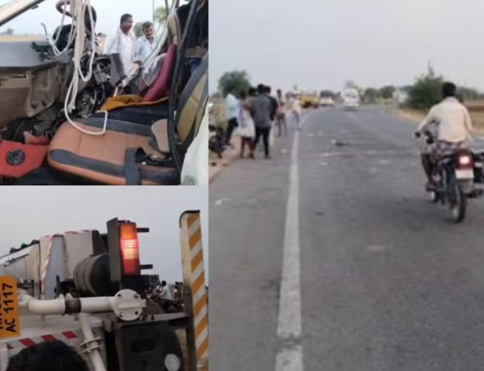 आंध्र प्रदेश के कुरनूल में भीषण सड़क हादसा: तीर्थयात्रियों के वाहन और लॉरी में जोरदार भिड़ंत, 8 लोगों की दर्दनाक मौत।