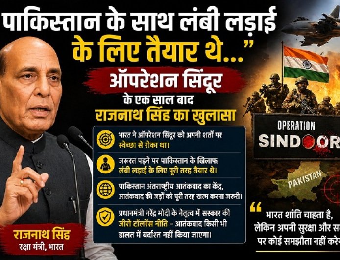 'लंबी लड़ाई के लिए तैयार था भारत': ऑपरेशन सिंदूर की पहली बरसी पर रक्षा मंत्री राजनाथ सिंह का बड़ा बयान।