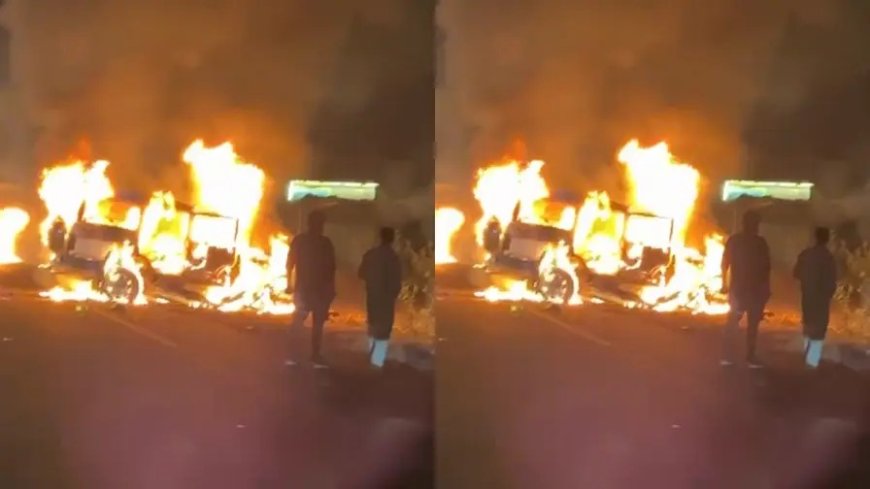चूरू में भीषण सड़क हादसा: डंपर से टकराकर धू-धू कर जली SUV, 3 लोगों की जिंदा जलने से दर्दनाक मौत।