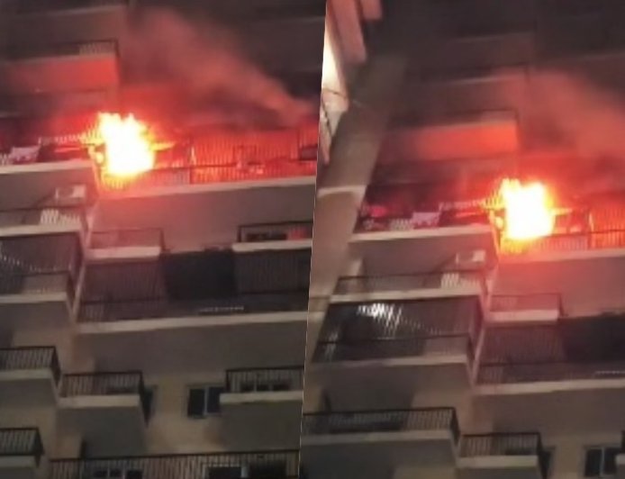 नोएडा में हाई-राइज सोसायटी की 27वीं मंजिल पर तबाही: अचानक फटा AC का कंप्रेसर, फ्लैट में लगी भीषण आग।